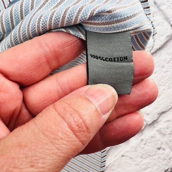 Johnston & Murphy Shirt Mens XL Blue White Brown Striped Button Down Easy Care - Picture 8 of 10